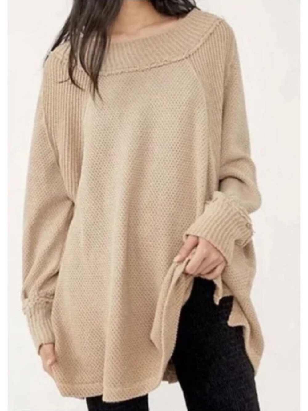 Free People We The Free She's a Keeper Mock Neck Waffle Thermal Top Tan Large
